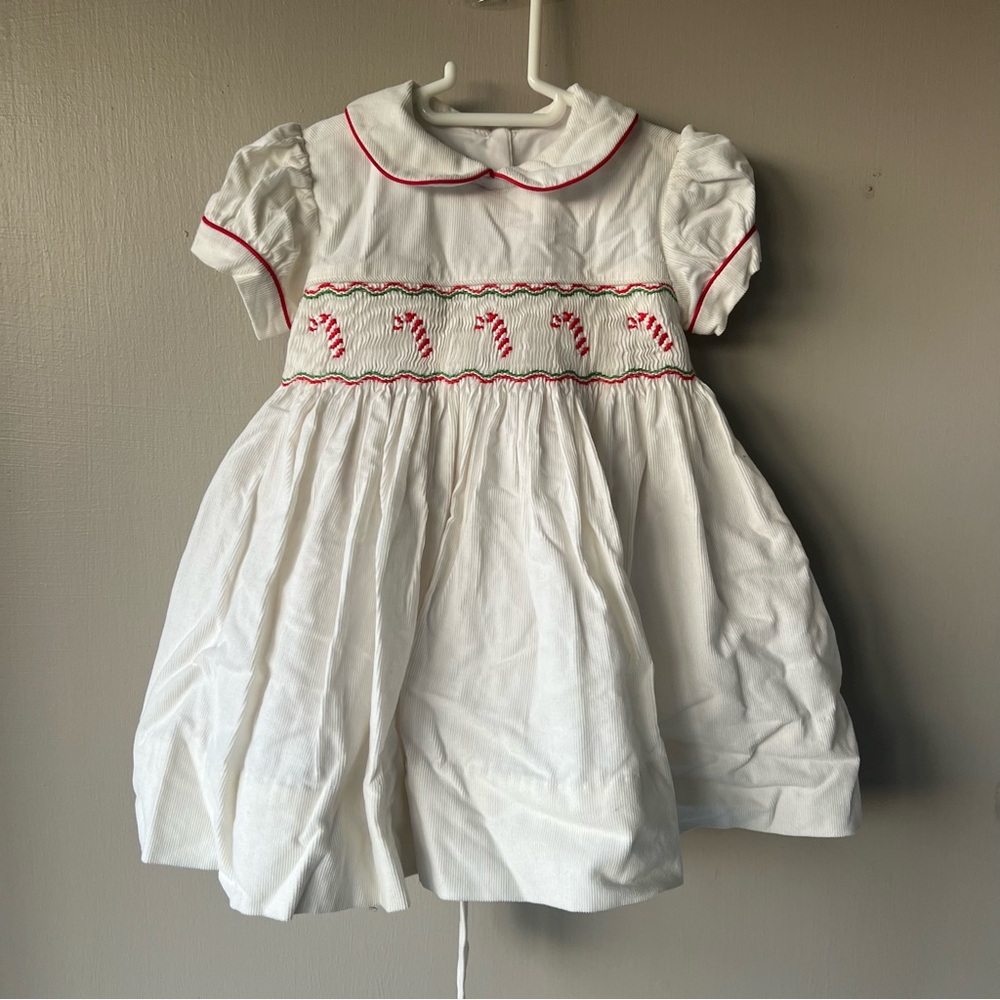 ANAVINI VELANI GIRLS WHITE DRESS WITH COLLAR - SMOCKED CANDY CANES - Picture 2 of 10